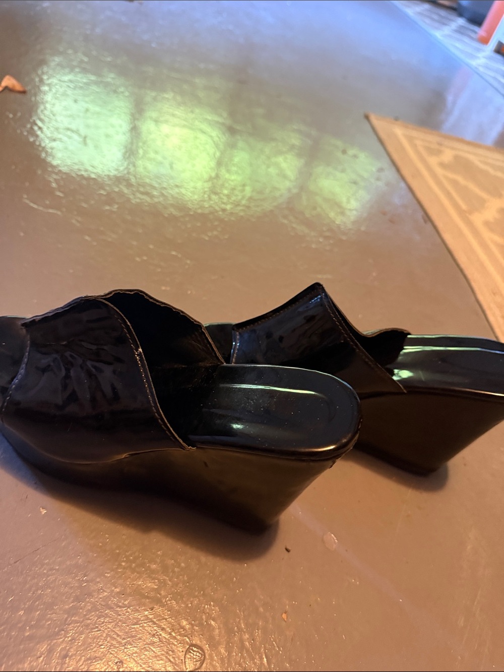 Hardly worn black patent leather wedge/mule sandals open toe size 37 or size 7